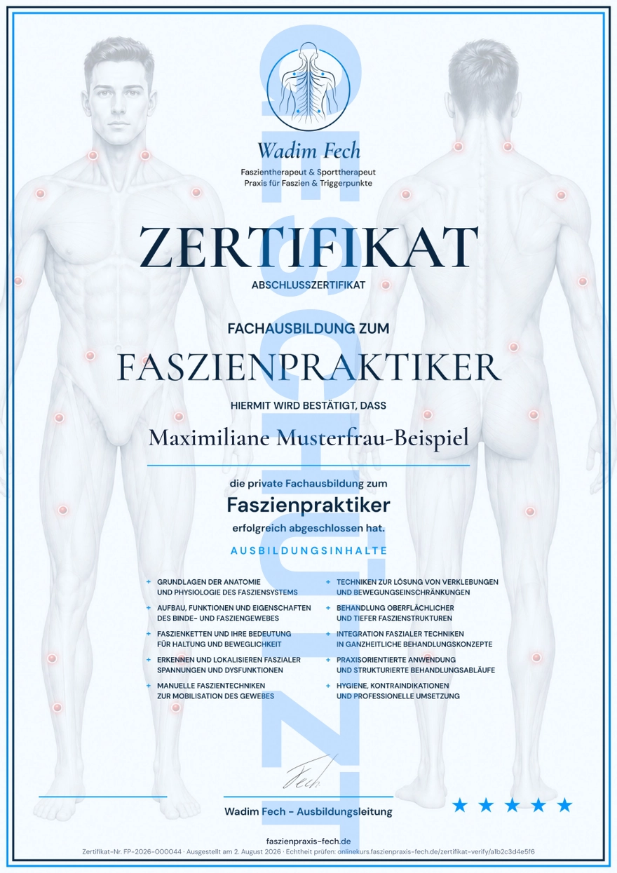 Vorschau des Abschlusszertifikats der Fachausbildung zum Faszienpraktiker