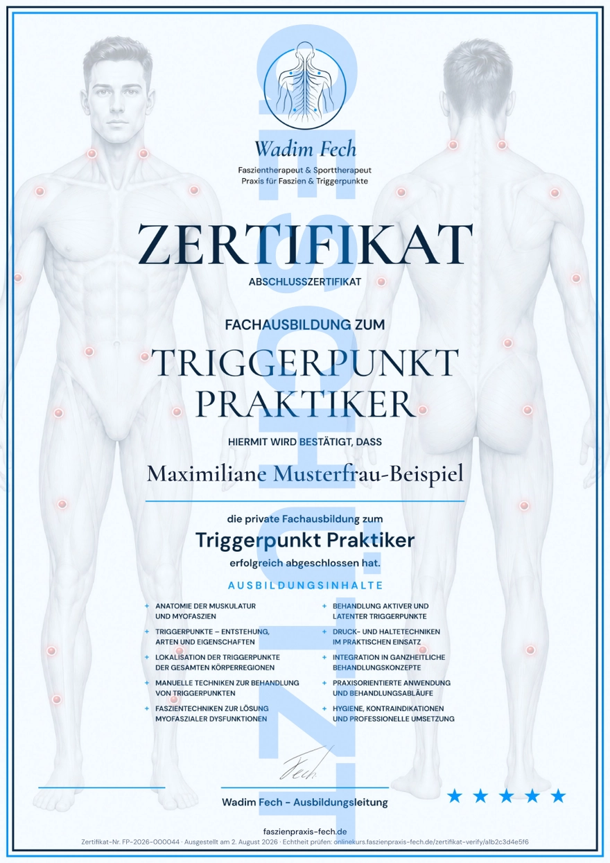 Vorschau des Abschlusszertifikats der Fachausbildung zum Triggerpunkt-Praktiker